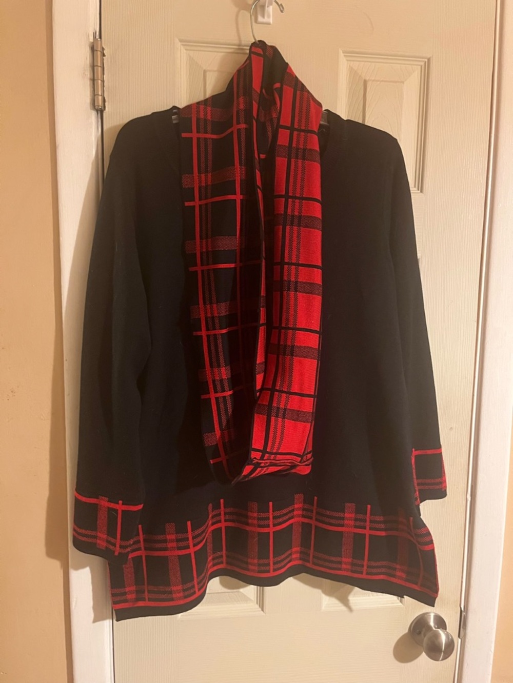 Black Sweater with Red Plaid Trim and Matching Infinity detachable Scarf